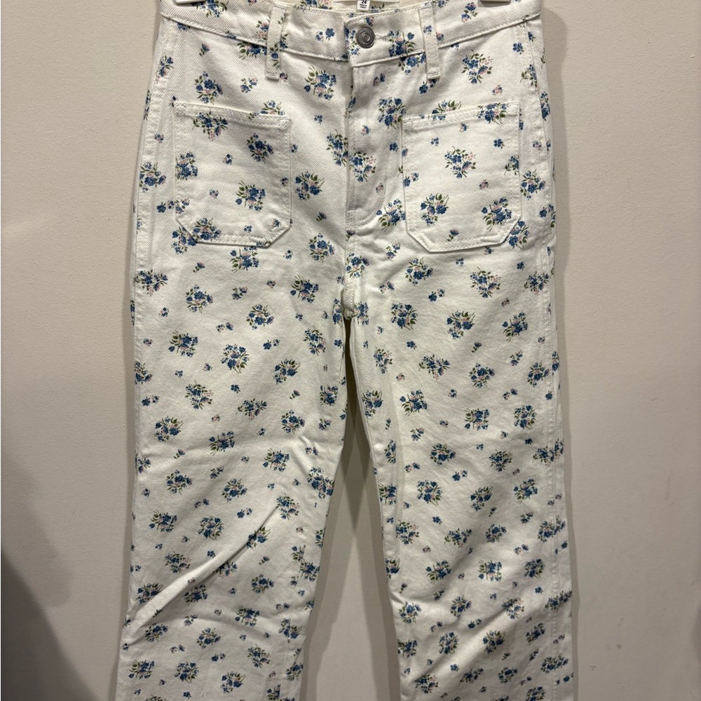 Reformation Cream Jeans with Blue and Pink Floral Design